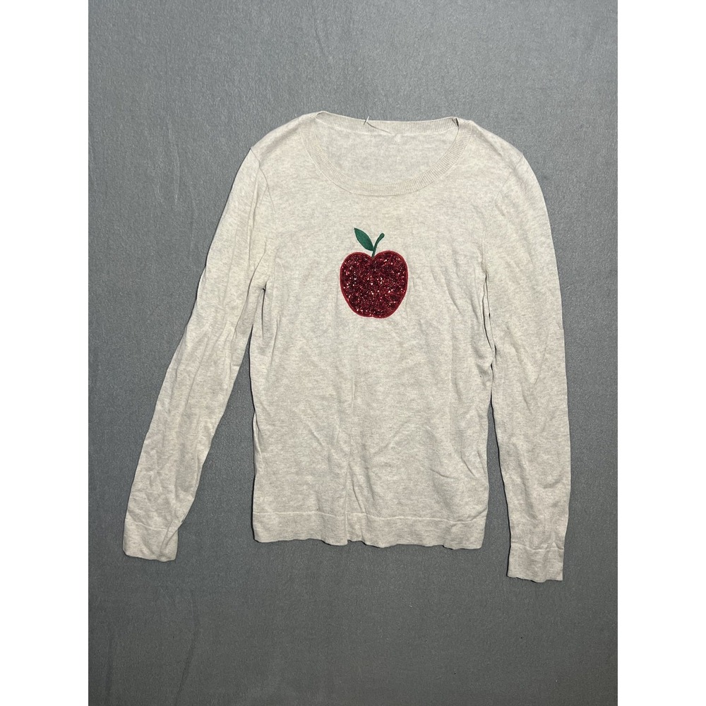 J. Crew Women's Gray Cotton Sequin Apple Crew Neck Long Sleeve Sweater Top